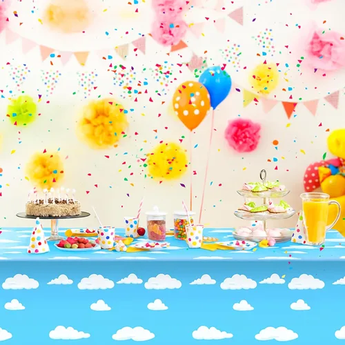 Miniatura 6 de Tatuo 4 piezas de suministros de fiesta de cumpleaños de cielo azul y nubes blancas, mantel de historias de dibujos animados, mantel de mesa