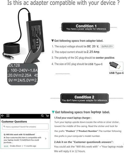 Miniatura 5 de NELEBUTO Adaptador de CA de cargador USB C de 45 W para Chromebook 11 13 14 14A ThinkPad Latitude 5420 XPS Elite Specter X360 14-ca051wm 14-ca020nr