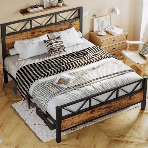 Miniatura 3 de LIKIMIO Base de cama Queen con cabecero industrial alto de 51.2 pulgadas, marco de cama de plataforma con soporte de metal fuerte, sólido y estable