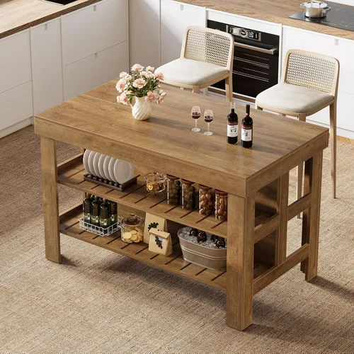 Miniatura 4 de Tribesigns Isla de cocina con estantes de asiento y almacenamiento, mostrador de desayuno de 55.1 pulgadas, mesa de isla de granja para cocina