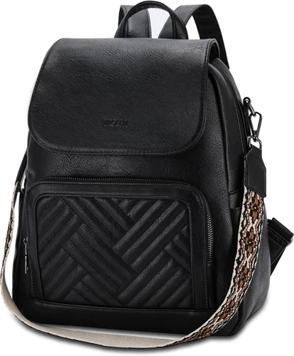 VASCHY Mochila para mujer, mochila acolchada de piel vegana, mochila convertible para mujer con correa de guitarra, Negro -, Vintage