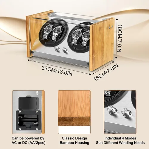 Miniatura 6 de Bobinadora de reloj para 4 relojes automáticos - Caja de bobinadora de relojes de bambú con motor silencioso, 4 modos de rotación Watch Winder Smith