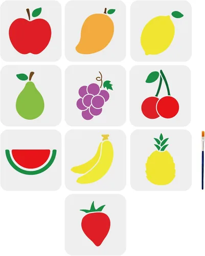 MAYJOYDIY 10 plantillas de frutas de 6 x 6 pulgadas, mango, limón, pera, uva, cereza, sandía, plátano, piña, fresa, plantilla de pintura con pincel