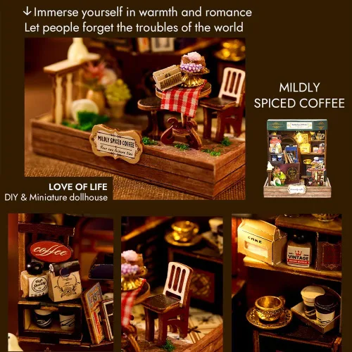 Miniatura 4 de Kit de rincón de libros, kit de casa en miniatura con LED, rompecabezas de madera 3D para adultos, kit de construcción de casa de muñecas, kit