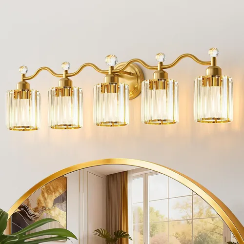 Miniatura 14 de Moderna lámpara de cristal para tocador de baño, 3 luces negras y doradas, lámparas de tocador sobre espejo, lámpara de pared de vidrio