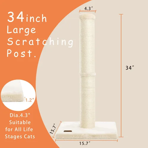 Miniatura 2 de Karolpar Poste rascador para gatos de 34 pulgadas con cuerda de sisal natural, 4.3 pulgadas de diámetro grande, árbol rascador para gatos de Beige