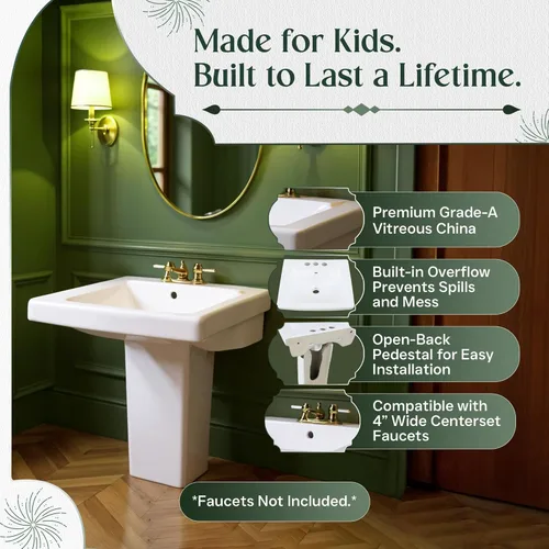 Miniatura 2 de Renovators Supply Manufacturing WeeWash - Fregadero de pedestal de baño infantil de 21.5 pulgadas de alto x 16 pulgadas de ancho, porcelana vítrea