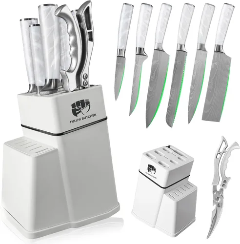 Miniatura 11 de FULLHI Juego de 8 piezas de bloque de cuchillos, juego de cuchillos de chef con bloque y afilador, juego de cuchillos de cocina, mango multicolor