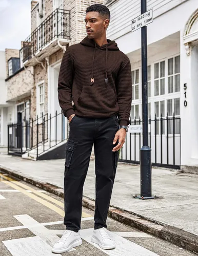 Miniatura 3 de COOFANDY Sudadera con capucha para hombre, de manga larga, a la moda, para gimnasio, atlética, a cuadros, jacquard, con bolsillo