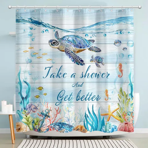 Miniatura 8 de Cortina de Ducha de Tortugas Marinas, Cortina de Baño Temática del Océano de Coral y Estrellas de Mar, Decoración de Baño de Vida Marina Submarina