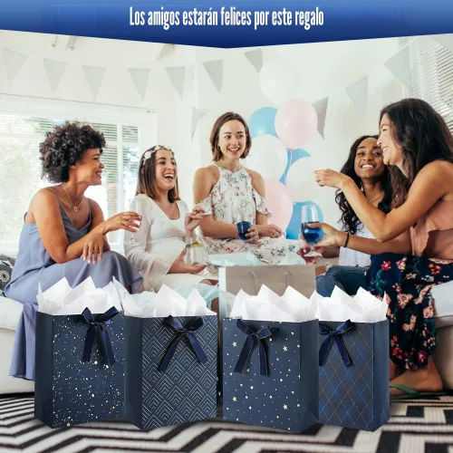 Miniatura 9 de KomoLeay Paquete de 4 bolsas de regalo de tamaño mediano de 9 pulgadas, bolsas de regalo azules de alta calidad con papel de seda para cumpleaños