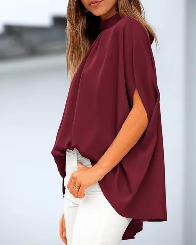 Miniatura 116 de BTFBM Blusas de verano para mujer, cuello alto falso, manga murciélago, holgadas, dobladillo alto y bajo, blusas informales de gran