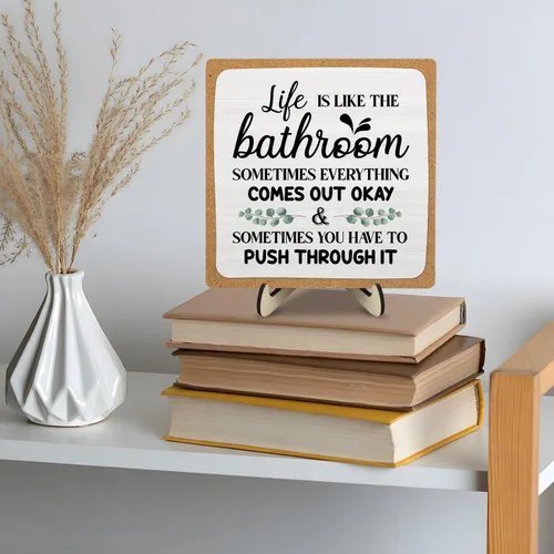 Miniatura 7 de Placa decorativa de baño, divertida placa de escritorio de madera con la vida es como el baño, letrero rústico para estante de casa de campo