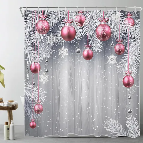 Pink Christmas Shower Curtain Decor, Snowflake and Fir Twigs with Xmas Ball on Rustic Grey Wood Shower Curtain for Bathroom 78x72 Inch Polyester Rosa