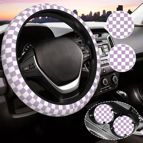 Miniatura 20 de Funda de volante a cuadros para mujeres, funda universal para volante de automóvil de 14-15 pulgadas, accesorios interiores para automóvil, con 2