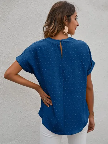 Miniatura 2 de Romwe Blusa casual de trabajo con cuello redondo y manga corta plisada para mujer