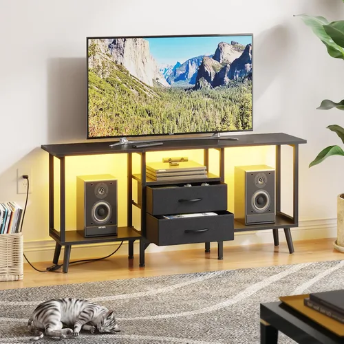 Miniatura 2 de GYIIYUO Soporte de TV pequeño con cajones de tela/luz LED para TV de 55 pulgadas, centro de entretenimiento con estantes abiertos de almacenamiento