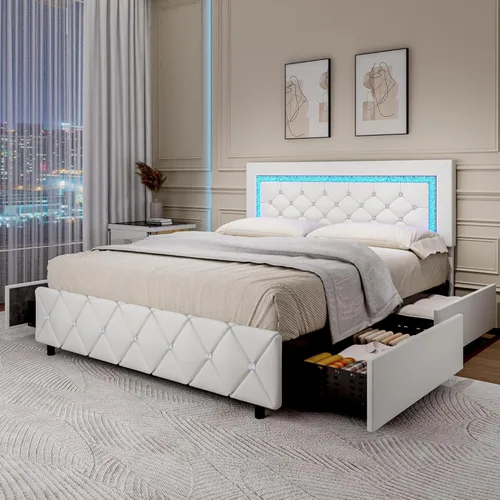 Miniatura 20 de Base de cama tamaño queen con luces LED, plataforma tapizada con cajones de almacenamiento, cama princesa con cabecera y cabecera de diamante,