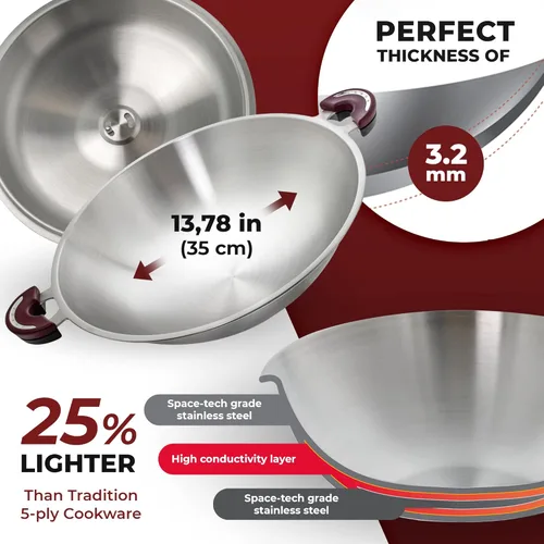 Miniatura 4 de BUFFALO Sartén para wok de acero inoxidable con tapa, parte inferior redonda de 14 pulgadas (13.8 in), utensilios de cocina antiadherentes de tres