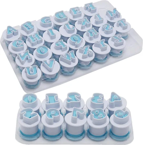Miniatura 8 de Juego de 26 piezas de sellos para galletas con impresión, cortadores de galletas con letras del alfabeto, molde para galletas y bizcochos