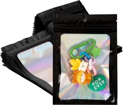 50 bolsas holográficas negras de Mylar de 5.5 x 7.8 pulgadas, bolsas con cremallera de aluminio resellables para gomitas, recuerdos de fiesta,