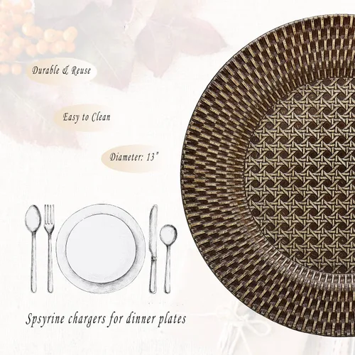 Miniatura 3 de Spsyrine Platos de carga rústicos de plástico de ratán sintético, juego de 6 elegantes cargadores de platos redondos para cenas, decorativos