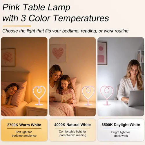 Miniatura 3 de Lámpara de Mesa Rosa, Lámpara de Escritorio Corazón Ajustable Sin Escalas 3CCT 2700K/4000K/6500K con Adaptador USB, Pequeña Lámpara de Noche