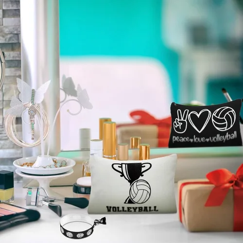 Miniatura 6 de Sotiff 24 bolsas de cosméticos de voleibol y coleteros deportivos para el cabello, regalos de equipo deportivo, bolsas de maquillaje de lona, ligas