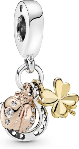 PANDORA Joyería colgante de herradura trébol y mariquita en plata de ley oro de 18 quilates y oro rosa de 14 quilates Metal Circonita cúbica