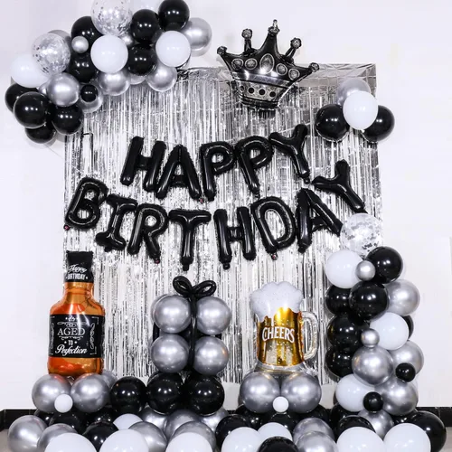 Globos de cumpleaños negros y plateados para hombres y mujeres, decoraciones de feliz cumpleaños para niños, pancarta de globos de feliz cumpleaños,