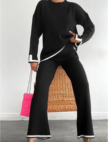 Miniatura 7 de Yidarer Conjunto de 2 piezas de punto para mujer, suéter de manga larga, pantalones de pierna ancha, conjunto de ropa deportiva
