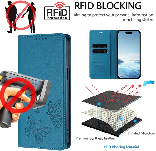Miniatura 18 de Butterfly Embossed Leather Wallet Flip Case for Motorola Moto E22i 4G, Magnetic Closure, RFID Blocking Cover, Card Holder Black.