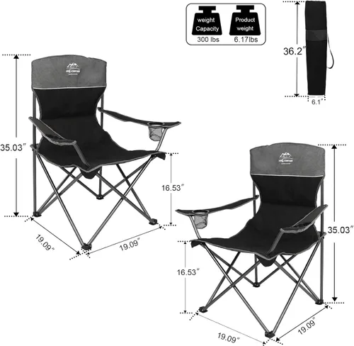 Miniatura 4 de Juego de 4 sillas de campamento de gran tamaño con mesa, silla de césped plegable para exteriores, soporte para tazas, portátil, silla de sofá Negro