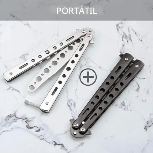 Miniatura 3 de Little World Cuchillo de mariposa – Paquete de 2 cuchillos de mariposa herramienta de práctica de acero de metal – Peine plegable sin afilar
