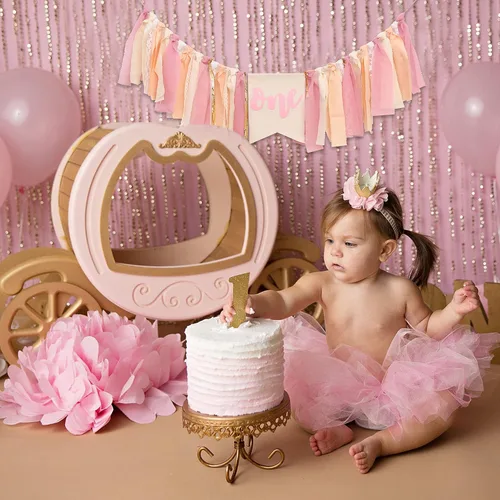Miniatura 4 de Cartel para silla alta de primer cumpleaños con tema rosa para niña, decoración bohemia para el primer cumpleaños con diseño de pastel (PINK ONE HF)