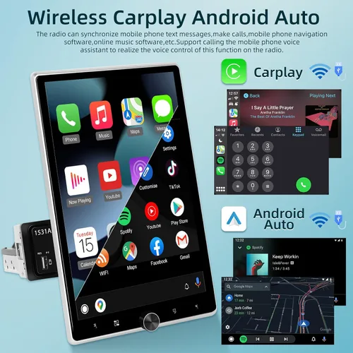 Miniatura 3 de [2+64G] Estéreo Android de un solo DIN para automóvil, radio de pantalla táctil giratoria de 10.4 pulgadas con Carplay inalámbrico y Android Auto