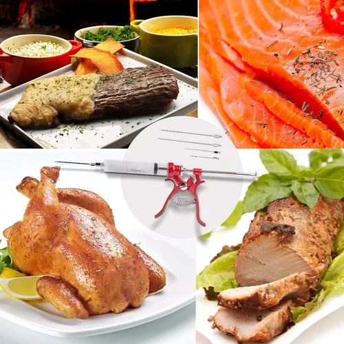 Miniatura 4 de Inyector de Carne Pistola de Marinado de Acero Inoxidable Kit Exterior Jeringas de Alimentos con Sabor y 4 Agujas de Marinados para Parrilla BBQ Rojo