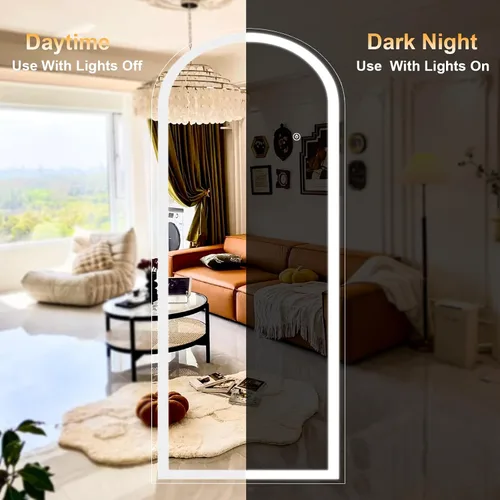 Miniatura 7 de XRAMFY Espejo LED Blanco Arqueado de Cuerpo Entero - 24" x 65" Brillo Ajustable, Controles de Pantalla Táctil, Montaje en Pared o Independiente
