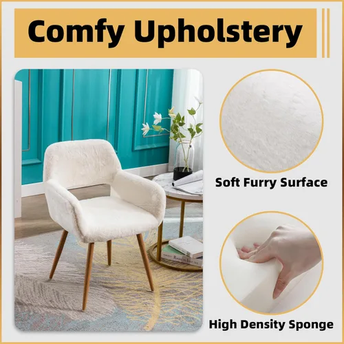 Miniatura 4 de Silla de escritorio peluda, moderna silla de oficina en casa sin ruedas, silla de tocador de piel sintética con respaldo hueco, cómodo sillón