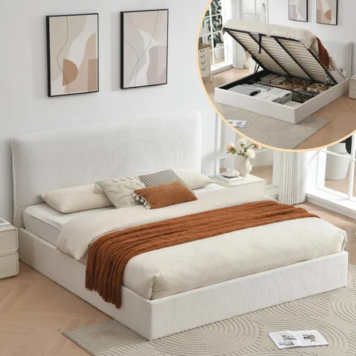 Miniatura 10 de Marco de cama de almacenamiento Queen con cabecero curvado, color crema