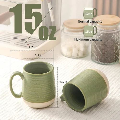 Miniatura 3 de Juego de tazas de café de cerámica grandes - Juego de 4 tazas de café de porcelana de 15 oz con asa, perfectas para capuchino, té, moca, bebidas