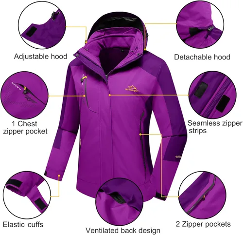 Miniatura 6 de MAGCOMSEN - Chamarra de esquí 3 en 1 para mujer, con forro interior de vellón, chamarra tipo parca resistente al viento e impermeable
