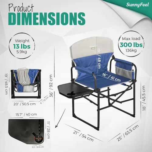 Miniatura 2 de SUNNYFEEL Silla de Camping para Directores, Silla Plegable Portátil de Gran Tamaño y Resistente con Mesa Lateral, Bolsillo para Playa, Pesca, Viaje