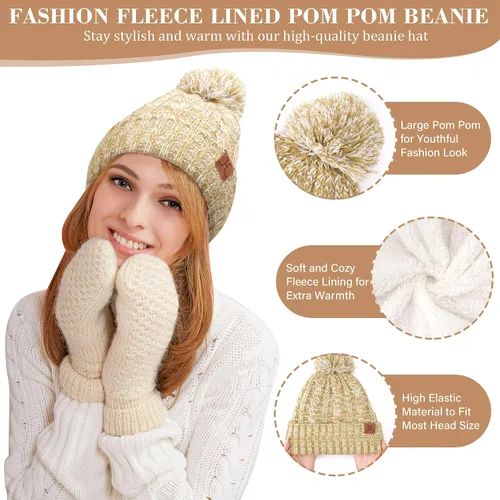 Miniatura 2 de Conjunto de bufanda larga de punto acanalado con forro polar y gorro para pantalla táctil, regalos para mujer
