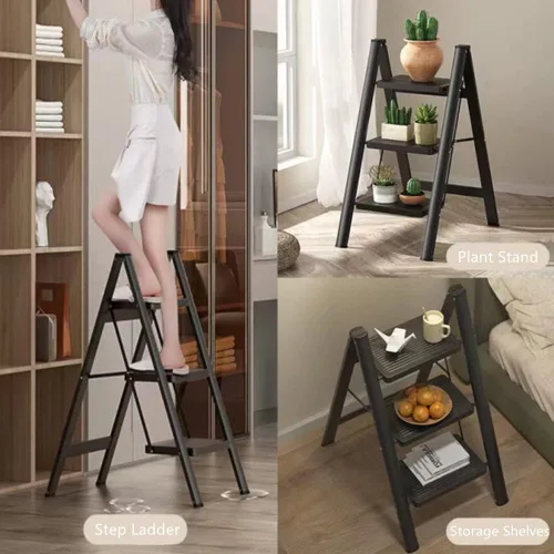 Miniatura 6 de Escalera de 3 escalones, taburete plegable con pedal antideslizante ancho, capacidad de carga de 330 libras, ligero y portátil para ahorrar espacio