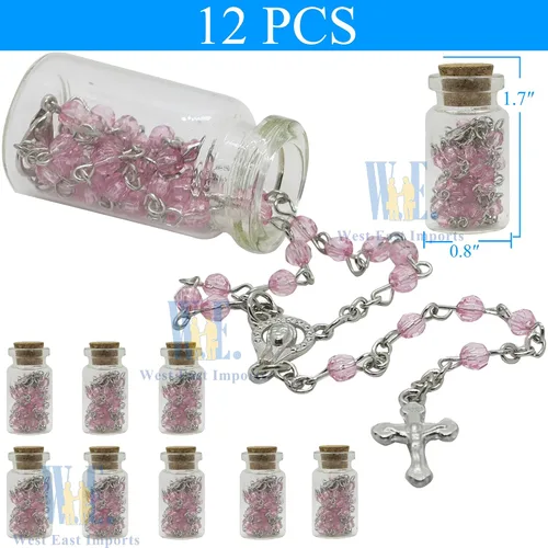 Miniatura 2 de Recuerdos de bautismo (12 piezas) Rosario de la Sagrada Comunión en tarro de botella de vidrio Recuerdos de Bautizo Quinceañera Perla rosa Bautizo