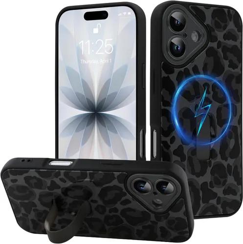 Miniatura 58 de Funda diseñada para iPhone 17 Pro Max con soporte plegable y correa para dedos, bonito patrón de lazo de corazón de flor rosa para mujeres y niñas
