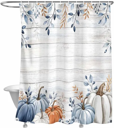 Miniatura 10 de Cortina de ducha de calabaza azul para baño, calabazas blancas, hojas verdes, cortinas de baño con ganchos, tela de poliéster impermeable, cortinas