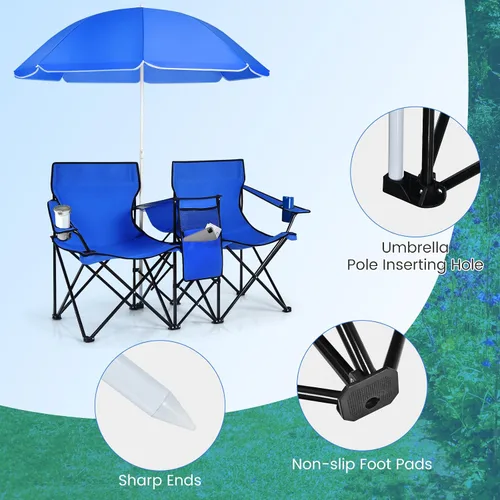 Miniatura 8 de Tangkula Sillas de campamento dobles con paraguas, silla de campamento plegable portátil de 2 asientos con bolsa enfriadora, soporte para bebidas