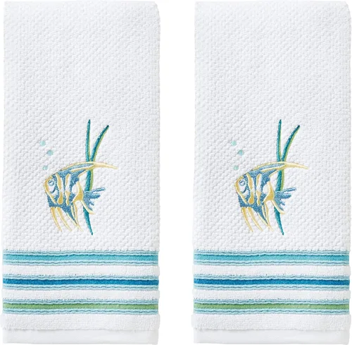 Miniatura 10 de SKL Home Ocean Coral - Juego de 2 toallas de mano esculpidas de 100% algodón premium, 450 GSM, jacquard reversible, suave y absorbente, tropical